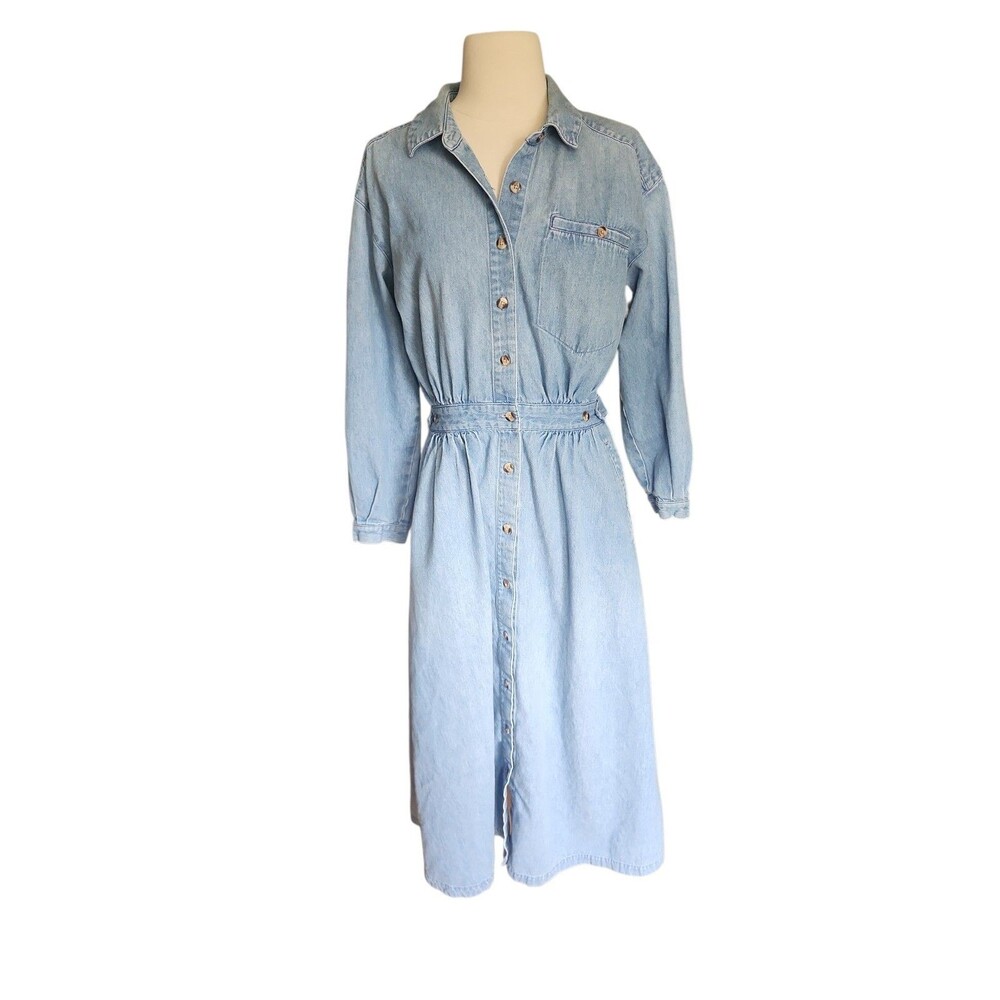 Eddie Bauer Vintage 80s Western Denim Shirt Dress Womens S Light Wash Cowgirl